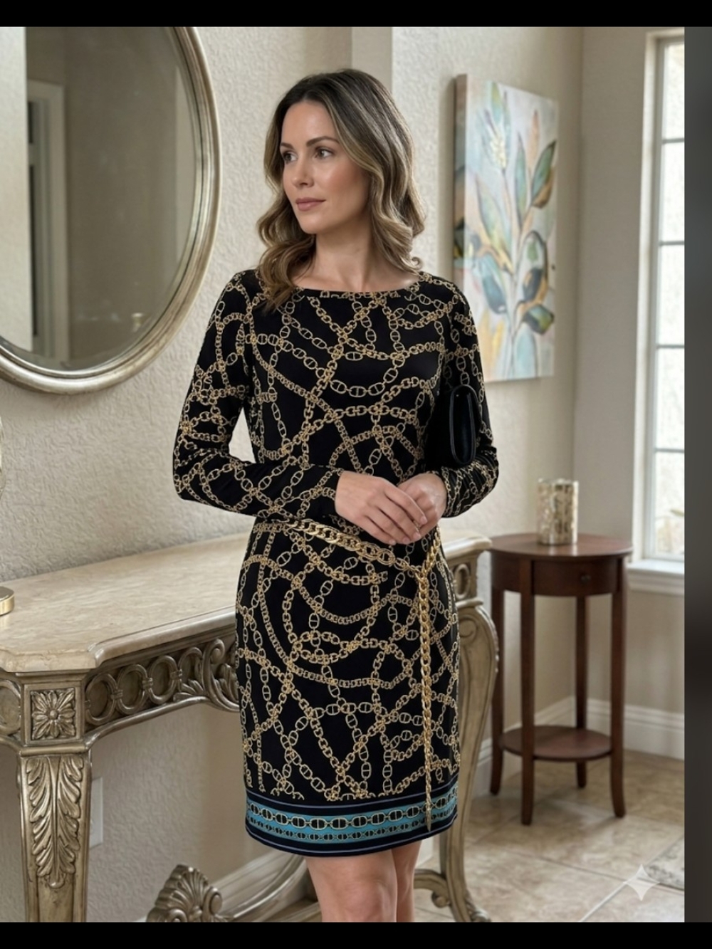 MICHAEL Kors Black and Gold Chain-Print Long Sleeve Dress with Teal Trim